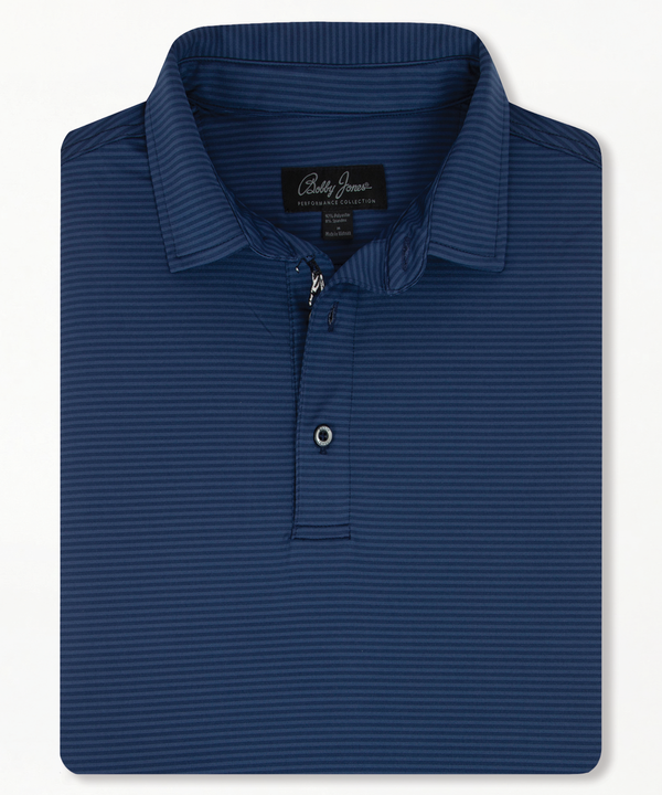 Men’s Bobby Jones performance golf polo in navy stripe with breathable stretch fabric