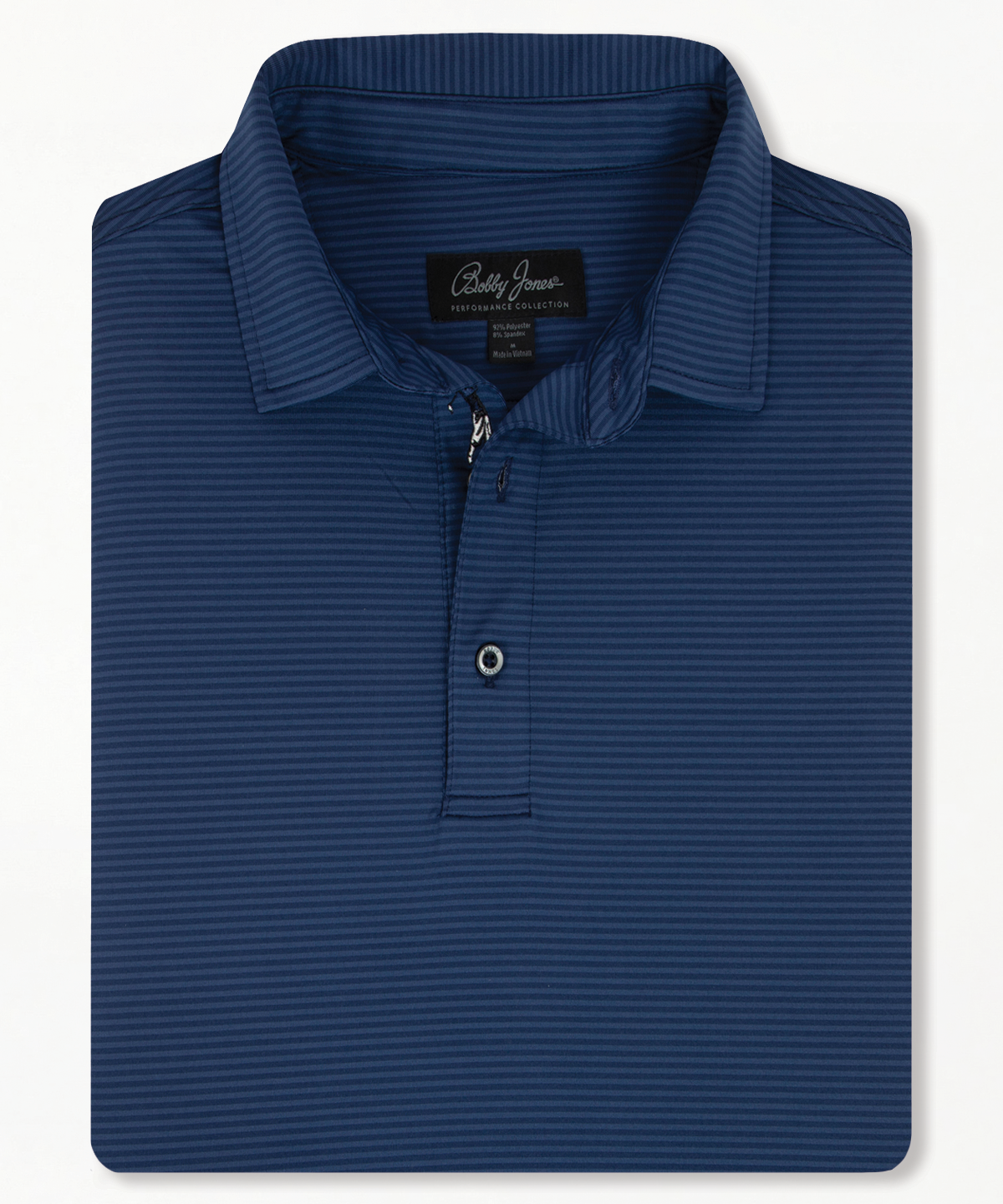 Men’s Bobby Jones performance golf polo in navy stripe with breathable stretch fabric