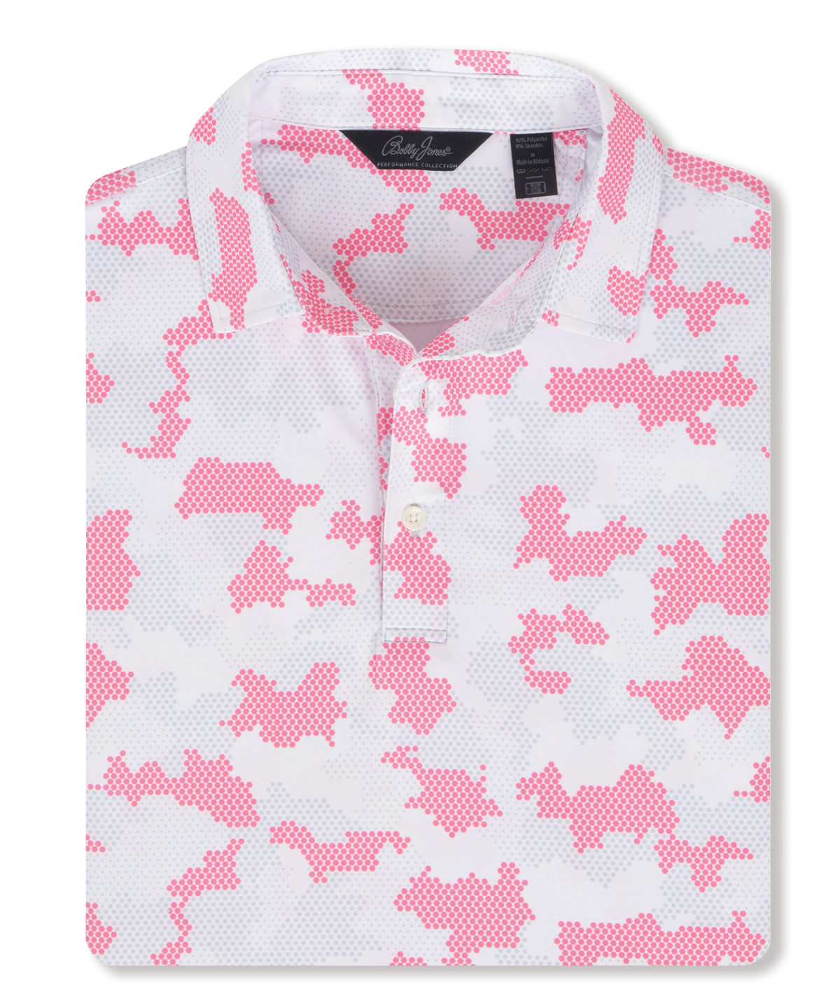 Men's Bobby Jones performance golf polo in white with pink camo print and breathable stretch fabric