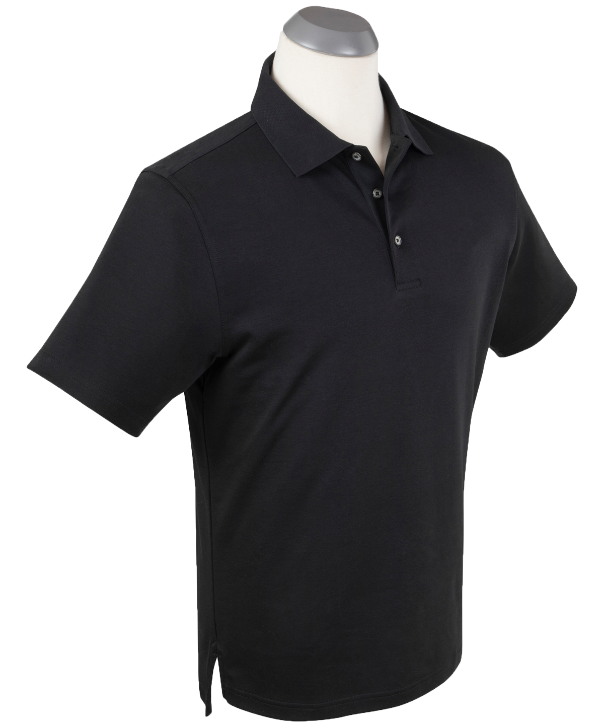 Men’s black short-sleeve polo shirt with three-button placket and classic collar displayed on mannequin.