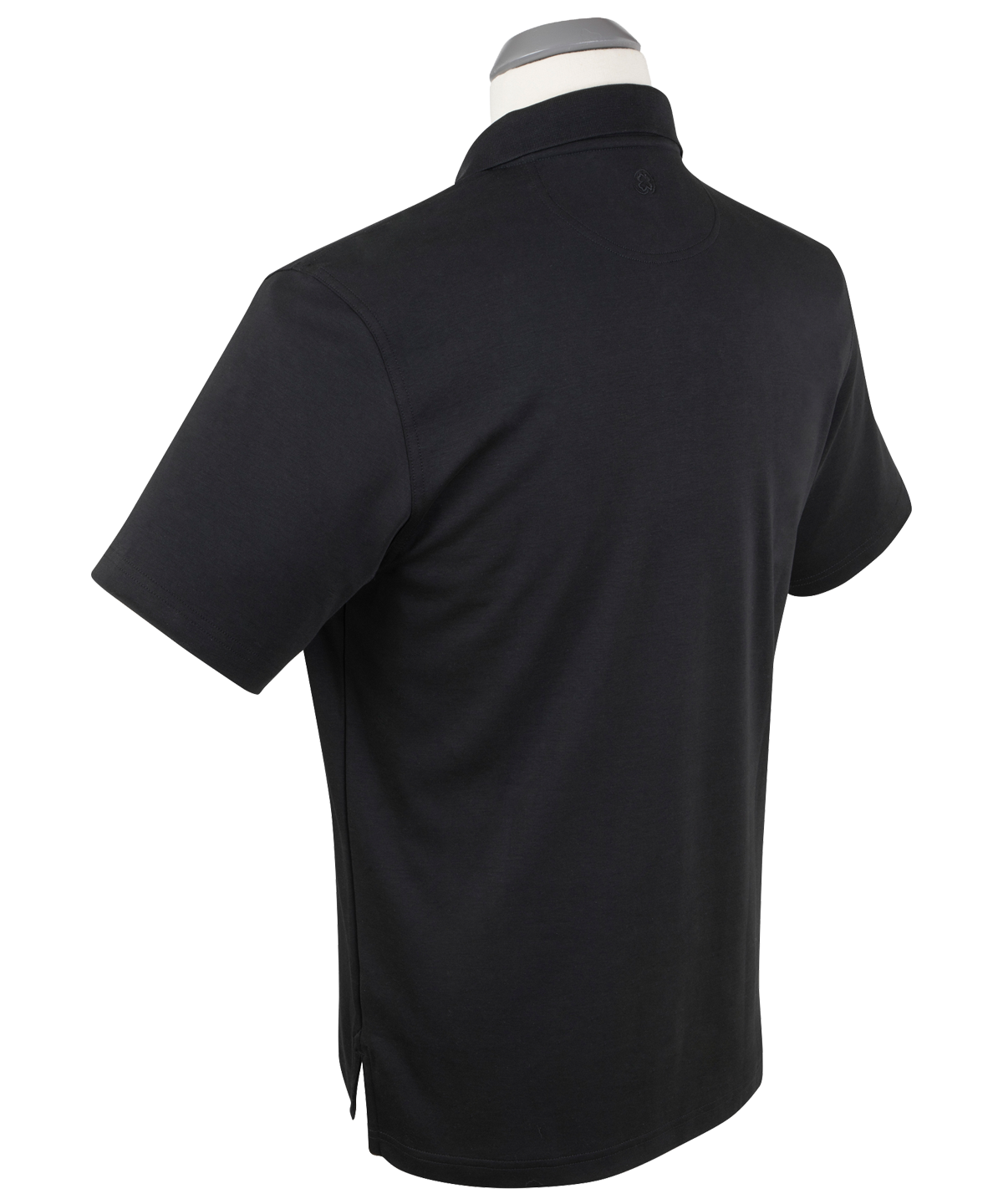 Men’s black short-sleeve polo shirt with three-button placket and classic collar displayed on mannequin.